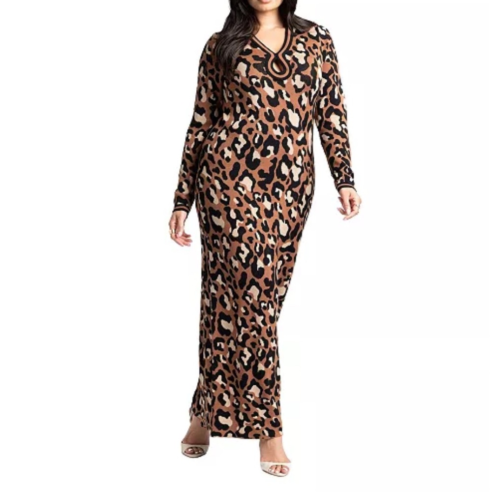 Long sleeve intarsia keyhole dress (Animal Print)